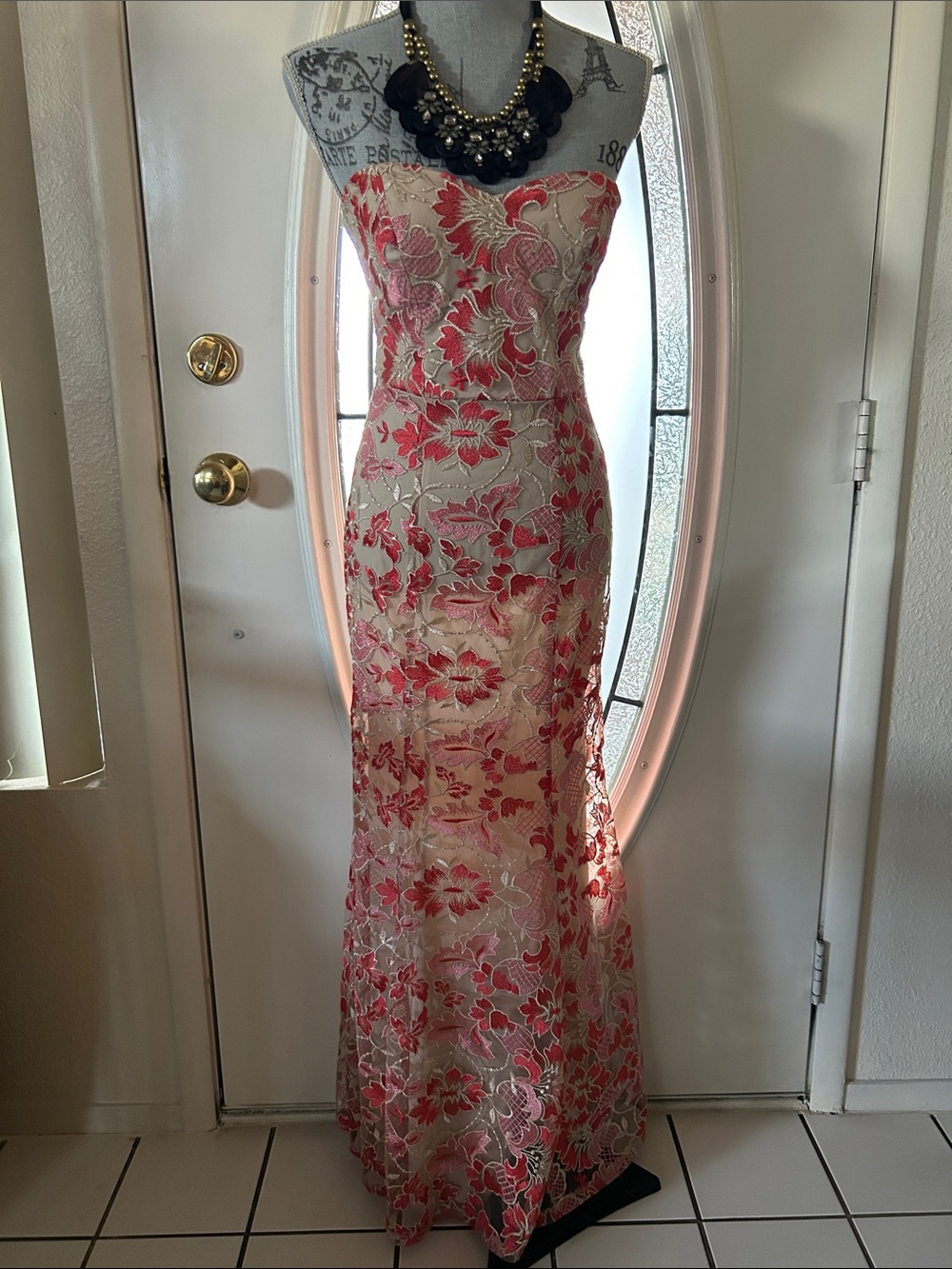 Speechless Strapless Floral Lace Gown in Pink and Cream